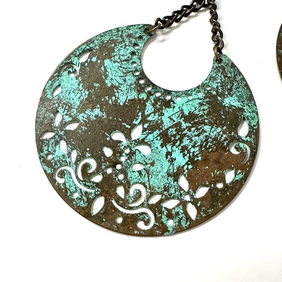 Boho Turquoise Verdigris Crescent Moon Earrings - Picture 5 of 9